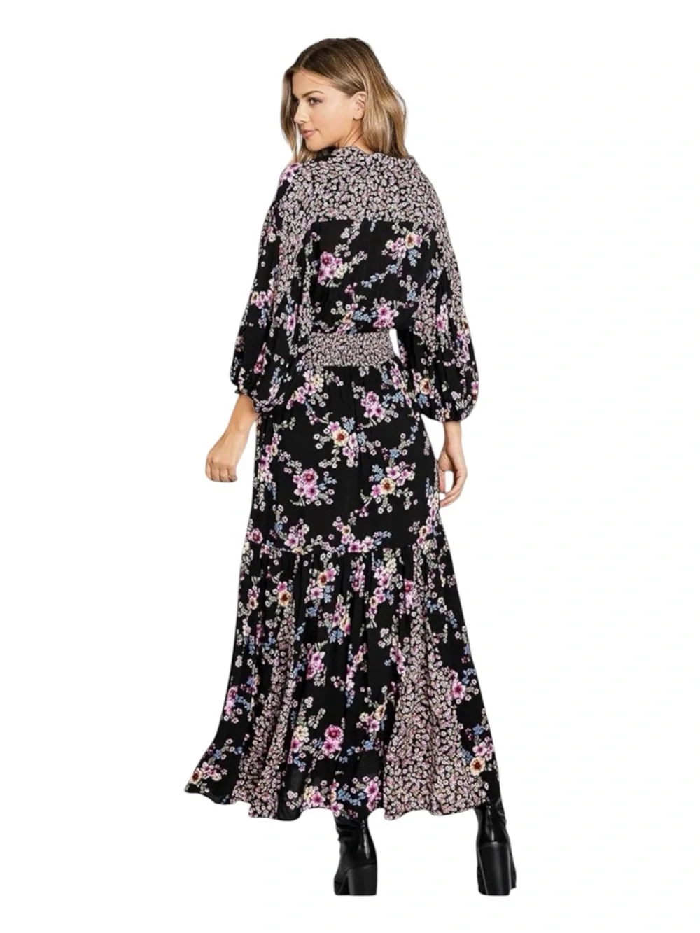 Free people, Maxi floral Bohemian Buttoned Puff Sleeve Black & Pink Dress M
